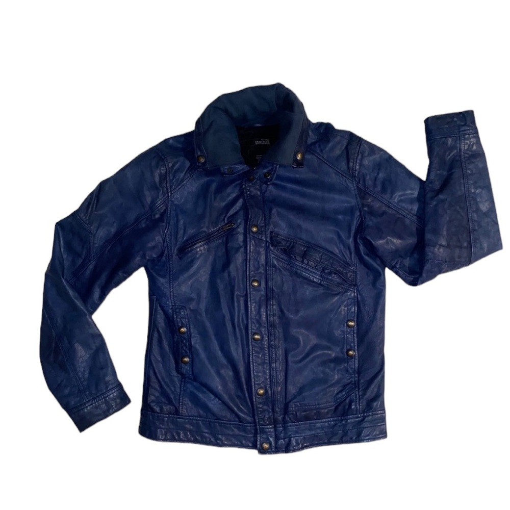 BOMBOOGIE Blue Distressed Leather Jacket  ~Size L